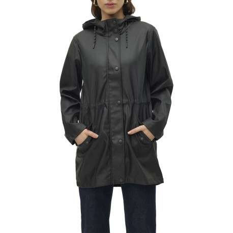 Parka à capuche noire unie à coupe droite resserrée à la taille - Image 3