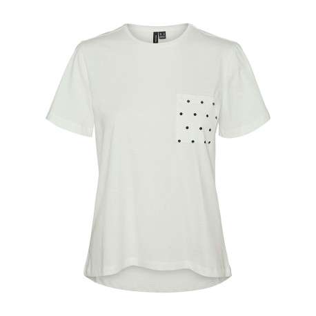 T-shirt en coton biologique écru uni avec un col rond et une poche à pois
