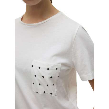 T-shirt en coton biologique écru uni avec un col rond et une poche à pois - Image 5