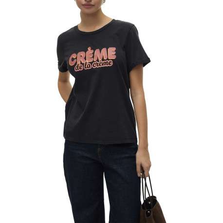 T-shirt en coton noir avec une écriture à la poitrine et une coupe droite - Image 2