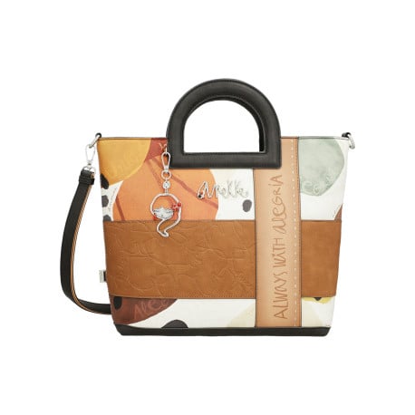 Sac à main camel imprimé avec le nom iconique sur le devant 