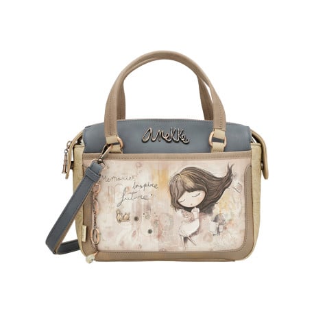 Sac bowling porté main beige imprimé avec une bandoulière ajustable