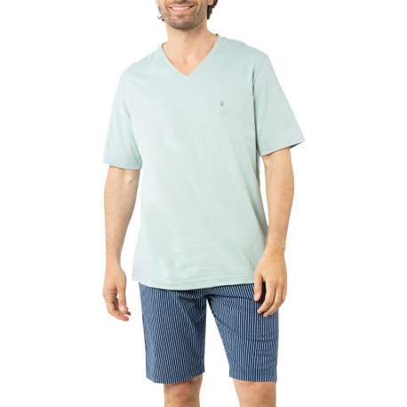 Pyjama court en coton vert d'eau à rayures avec un col v et une coupe droite