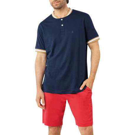 Pyjama court en coton bicolore avec une coupe droite et un col tunisien