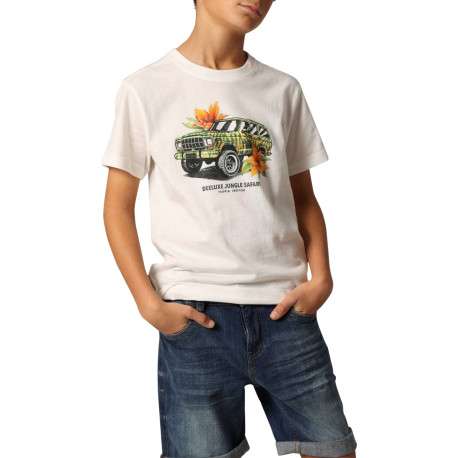T-shirt en coton blanc imprimé à la poitrine à coupe droite avec un col rond
