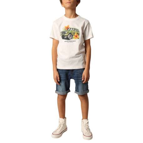 T-shirt en coton blanc imprimé à la poitrine à coupe droite avec un col rond - Image 4
