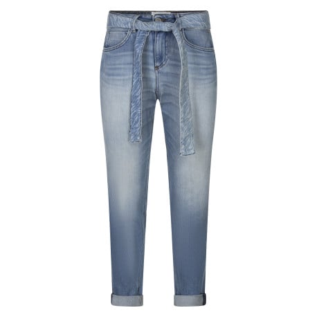 Pantalon denim en coton bleu stone délavé à coupe boyfriend avec une ceinture