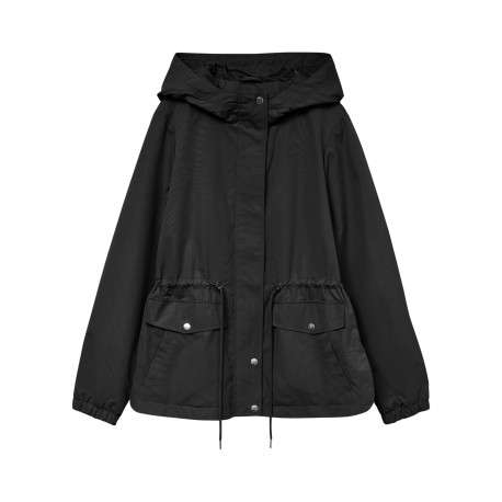 Parka à capuche courte noire unie à coupe droite avec un cordon à la taille