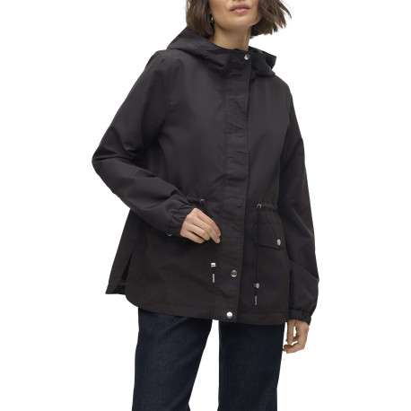 Parka à capuche courte noire unie à coupe droite avec un cordon à la taille - Image 4