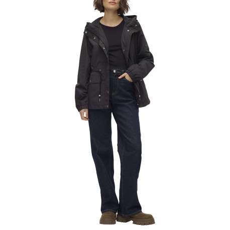 Parka à capuche courte noire unie à coupe droite avec un cordon à la taille - Image 5