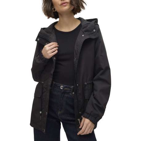 Parka à capuche courte noire unie à coupe droite avec un cordon à la taille - Image 7