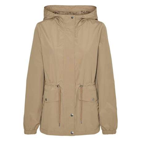 Parka à capuche courte beige unie à coupe droite avec un cordon à la taille
