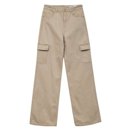 Pantalon cargo en coton beige uni avec une coupe bootcut et une taille haute