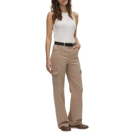 Pantalon cargo en coton beige uni avec une coupe bootcut et une taille haute - Image 5