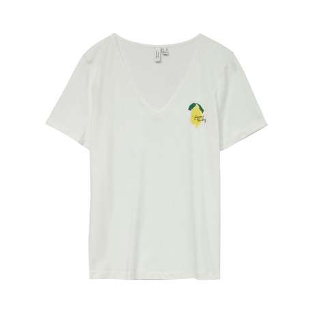 T-shirt en coton blanc uni à col v avec un petit imprimé à la poitrine