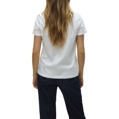 T-shirt en coton blanc uni à col v avec un petit imprimé à la poitrine - Image 2