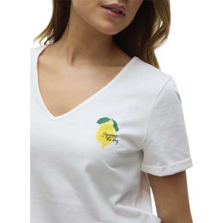 T-shirt en coton blanc uni à col v avec un petit imprimé à la poitrine - Image 3