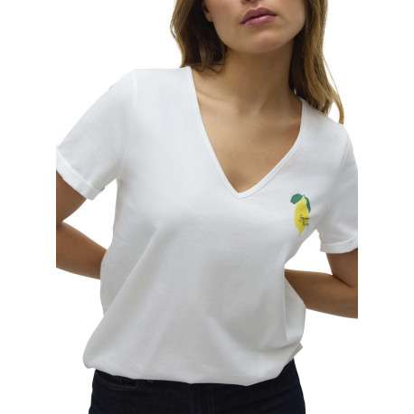 T-shirt en coton blanc uni à col v avec un petit imprimé à la poitrine - Image 4