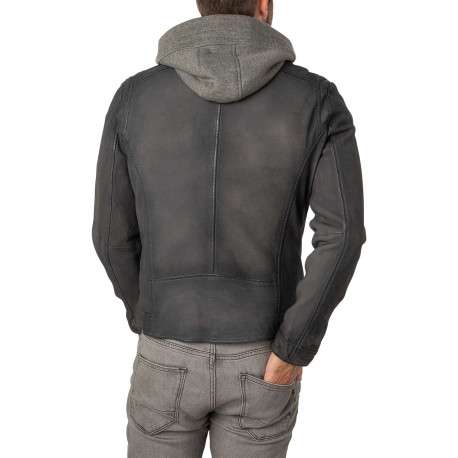 Veste en cuir de mouton gris uni à coupe regular fit avec col à capuche amovible - Image 2