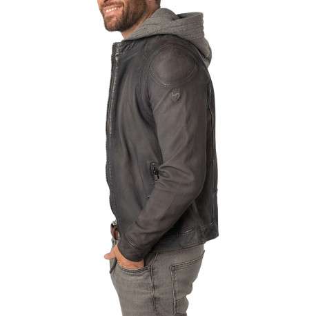 Veste en cuir de mouton gris uni à coupe regular fit avec col à capuche amovible - Image 3
