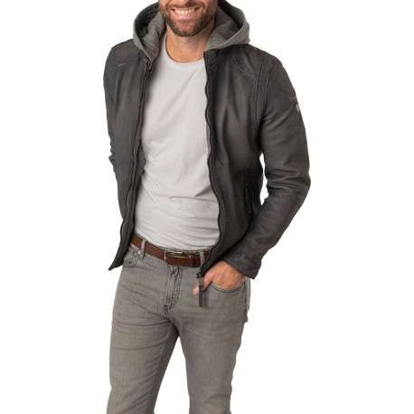 Veste en cuir de mouton gris uni à coupe regular fit avec col à capuche amovible - Image 4