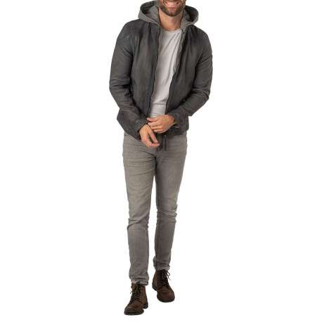 Veste en cuir de mouton gris uni à coupe regular fit avec col à capuche amovible - Image 5