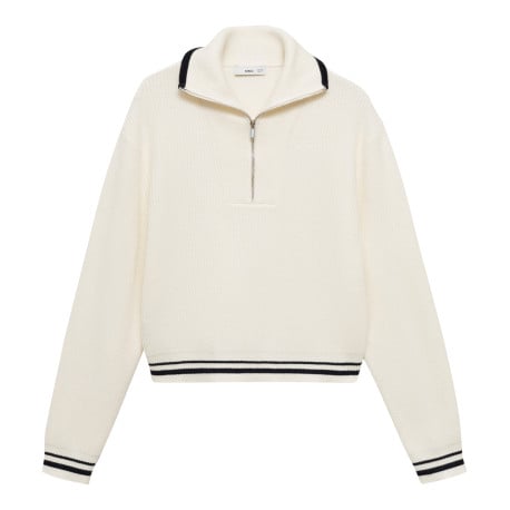 Sweat écru uni avec une coupe droite et un col camionneur demi-zippé