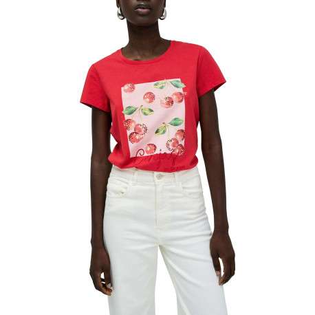 T-shirt en coton rouge chiné et imprimé à l'avant avec des strass et un col rond - Image 4