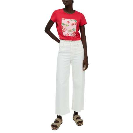 T-shirt en coton rouge chiné et imprimé à l'avant avec des strass et un col rond - Image 5