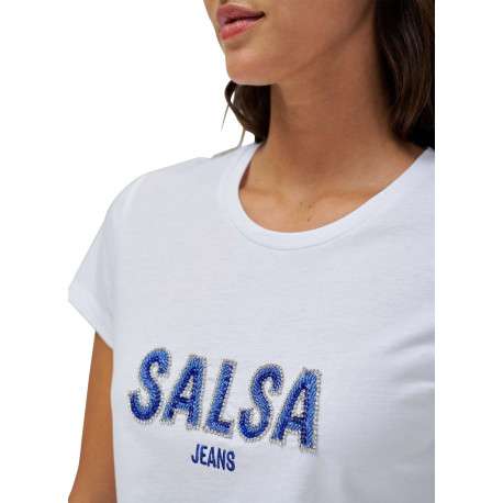 T-shirt en coton blanc uni avec le nom de la marque en strass et un col rond - Image 3