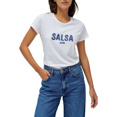T-shirt en coton blanc uni avec le nom de la marque en strass et un col rond - Image 4