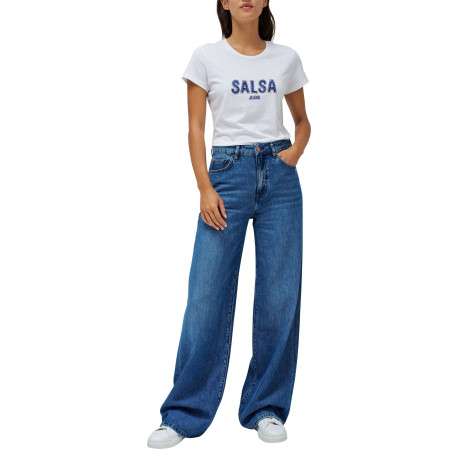 T-shirt en coton blanc uni avec le nom de la marque en strass et un col rond - Image 5