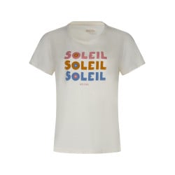 T-shirt en coton écru imprimé à la poitrine avec un col rond