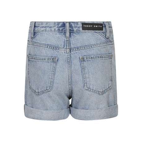 Short denim en coton bleu stone uni avec une coupe droite et une taille haute - Image 2