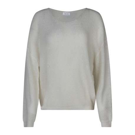 Pull écru uni avec une coupe droite à col v et des manches longues