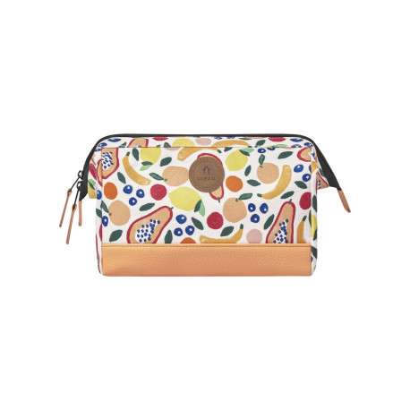 Trousse de toilette blanche avec une poche centrale et des motifs de fruits
