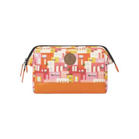 Trousse de toilette orange à motifs architecturaux et à base renforcée