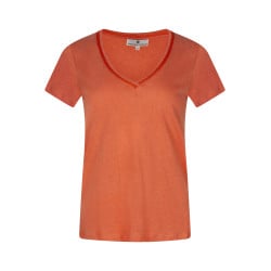 T-shirt en lin mélangé orange chiné avec un col v pailleté et une coupe droite