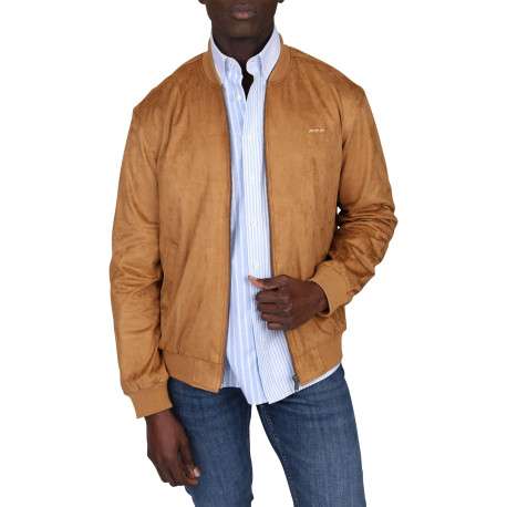 Blouson camel uni avec une coupe droite à col rond et logo iconique