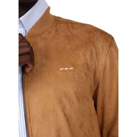 Blouson camel uni avec une coupe droite à col rond et logo iconique - Image 3