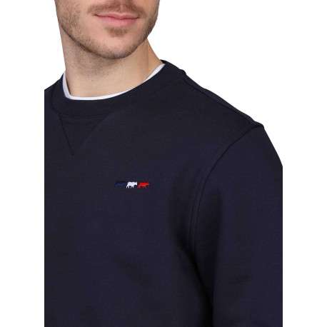 Sweat marine uni avec une coupe droite et un col rond à logo iconique - Image 3