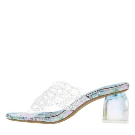 Mules turquoise à talon décroché moyen avec imprimé floral et perles blanches