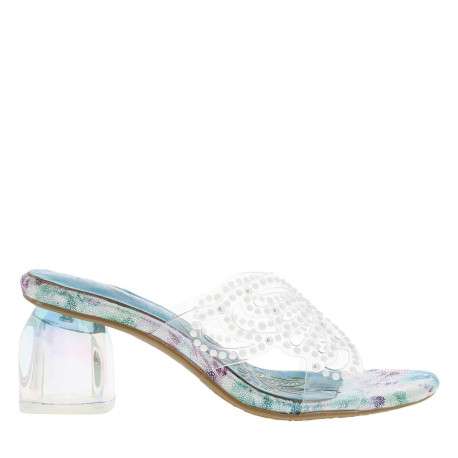 Mules turquoise à talon décroché moyen avec imprimé floral et perles blanches - Image 2