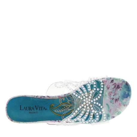 Mules turquoise à talon décroché moyen avec imprimé floral et perles blanches - Image 4