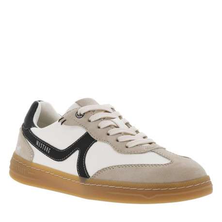 Tennis blanches et taupes à détails noirs et à semelle plate avec des lacets - Image 3