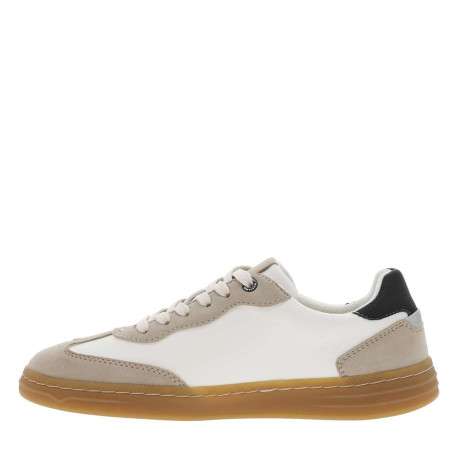Tennis blanches et taupes à détails noirs et à semelle plate avec des lacets