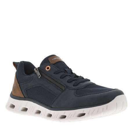 Sneakers marine à semelle blanche ajourée avec empiècements marron - Image 3