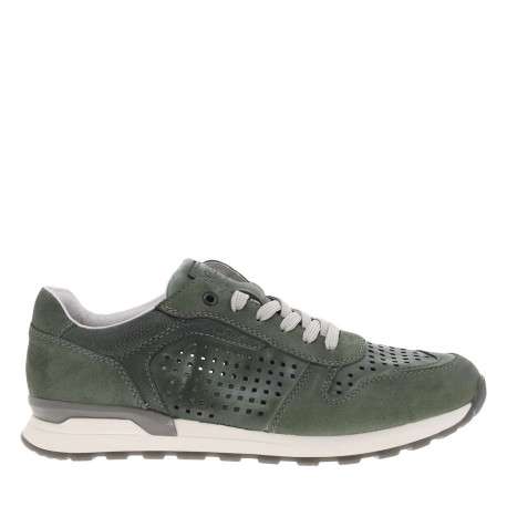 Sneakers olive en cuir perforé avec semelle blanche et grise et des lacets plats - Image 2