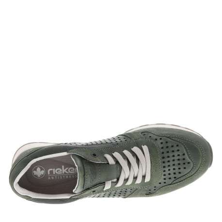 Sneakers olive en cuir perforé avec semelle blanche et grise et des lacets plats - Image 4