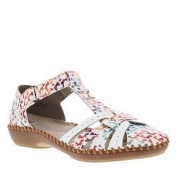 Sandales multicolores à talon compensé bas et à bande auto-agrippante
